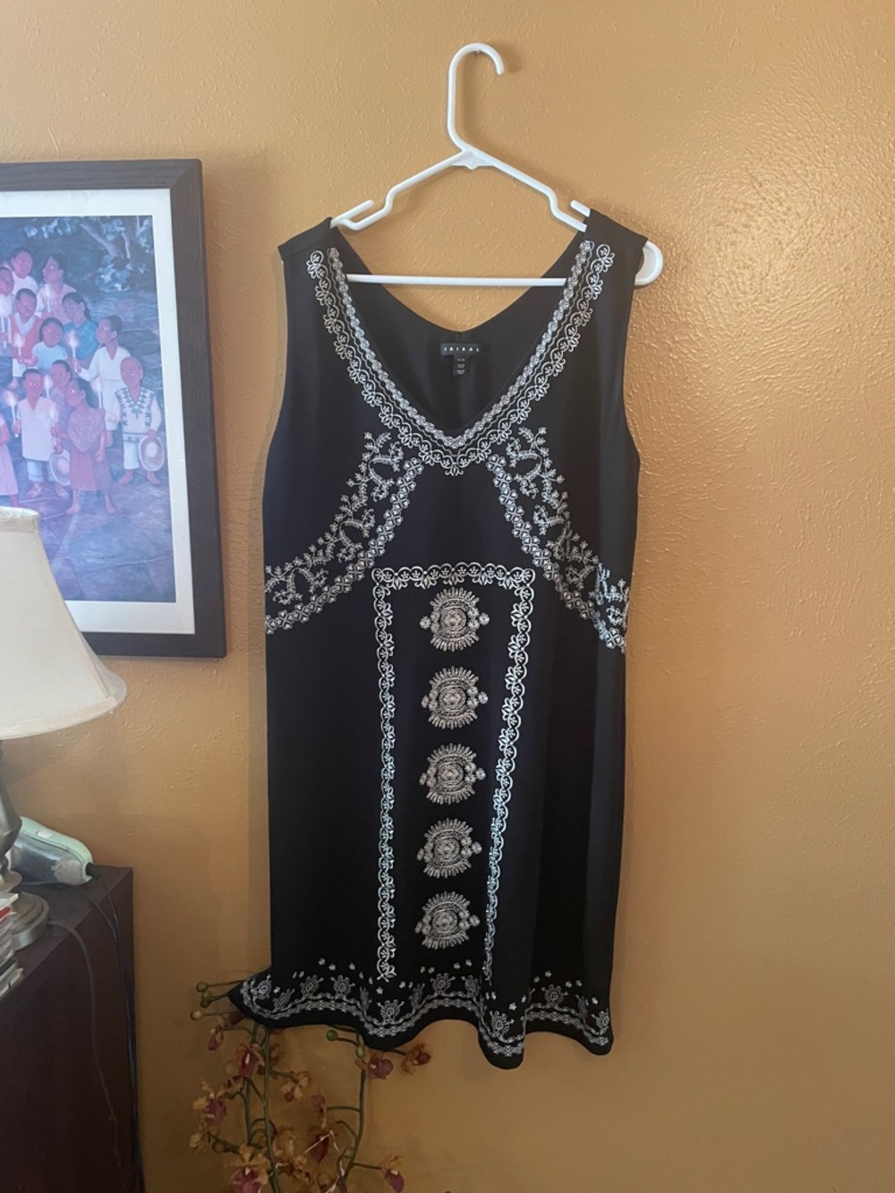 Tribal Black Dress with White Embroidered Detail